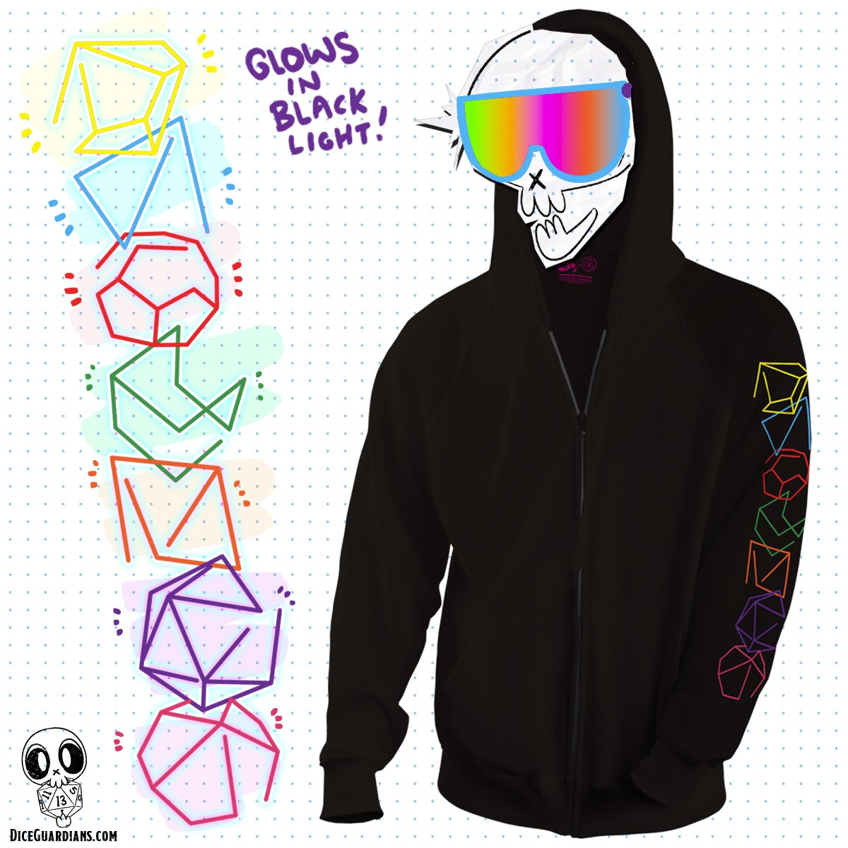 DiceGuardian's tweet photo. ⚡IN STOCK &amp; NOW SHIPPING!⚡Cover your bones and role-play like it's 1999! This jet black fleece hoodie features a bold Deconstructed Dice design imbued with neon blacklight reactive ink. Stock is limited, shop the #Diceguardians Store today!

https://t.co/Wj5Tb1FZtf https://t.co/ioLiPgy6bg