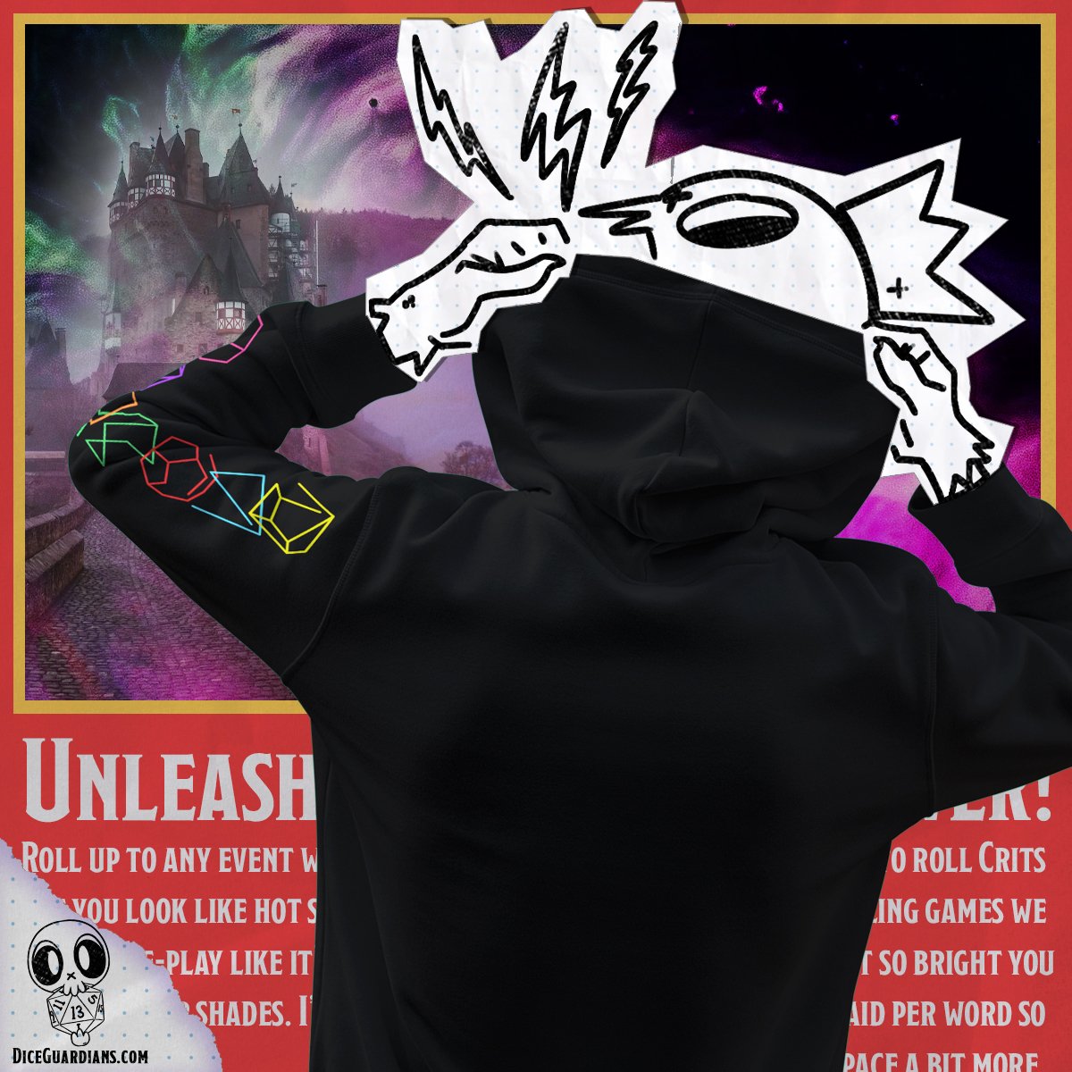 ⚡IN STOCK &amp; NOW SHIPPING!⚡Cover your bones and role-play like it's 1999! This jet black fleece hoodie features a bold Deconstructed Dice design imbued with neon blacklight reactive ink. Stock is limited, shop the #Diceguardians Store today!

diceguardians.com/products/decon…