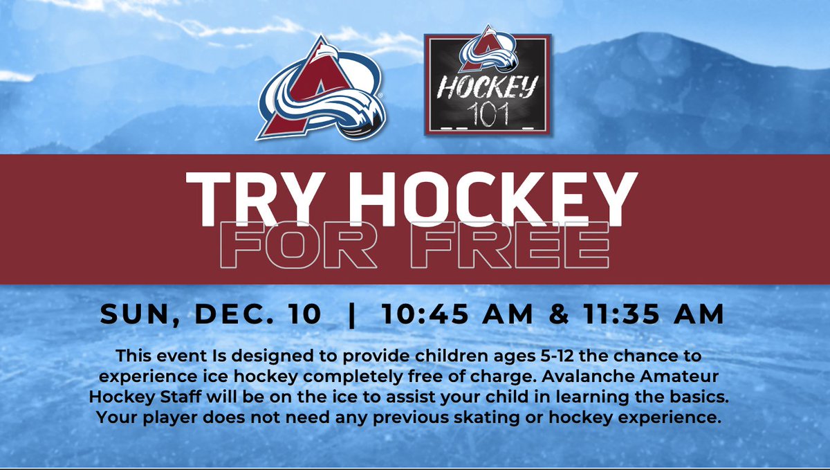 AvsYouthHockey's tweet photo. Join us for a Try Hockey for Free Session this Sunday, December 10th!

This event is designed to provide children ages 5-12 the chance to experience ice hockey completely free of charge. 

Sign up here: https://t.co/zxNBHM4yn2 https://t.co/cEzQaZMU1T