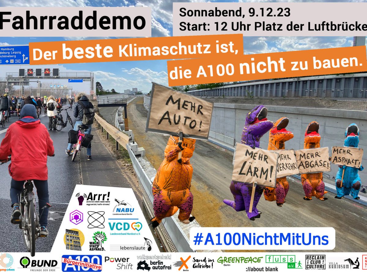 🟢 Nicht vergessen: Sei dabei! Lasst uns morgen Fahrrad fahren für die #Verkehrswende und gegen den Ausbau der Berliner Stadtautobahn 100! 💚🚲#b0912 🚴‍♀️ Fahrrad-Demo #A100stoppen! 🗓 9.12.2023, 12:00 Uhr 📍 Platz der Luftbrücke, Berlin-Tempelhof 🔗 a100stoppen.de/fahrrad-demo-a…