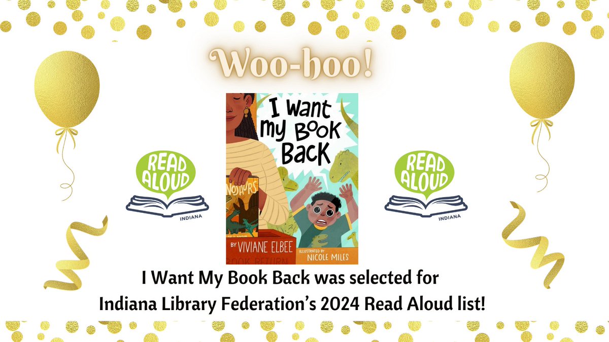 Woo-hoo! I WANT MY BOOK BACK (illustrated by @nicolemillu) was selected for the Indiana Library Federation's 2024 Read Aloud List! Check out the full list of their recommended books here - ilfonline.org/assets/docs/_R… (Where to buy links: vivianeelbee.com/where-to-buy.h…)