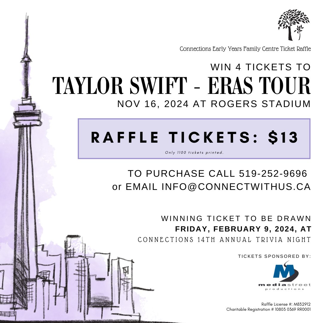 Stuff your family and friends' stockings with raffle tickets for their chance to win tickets to Taylor Swift's SOLD-OUT show in Toronto!

Each ticket is $13. To purchase a raffle ticket, please call the Centre at 519-252-9696 or visit our CanadaHelps page: canadahelps.org/en/charities/c…