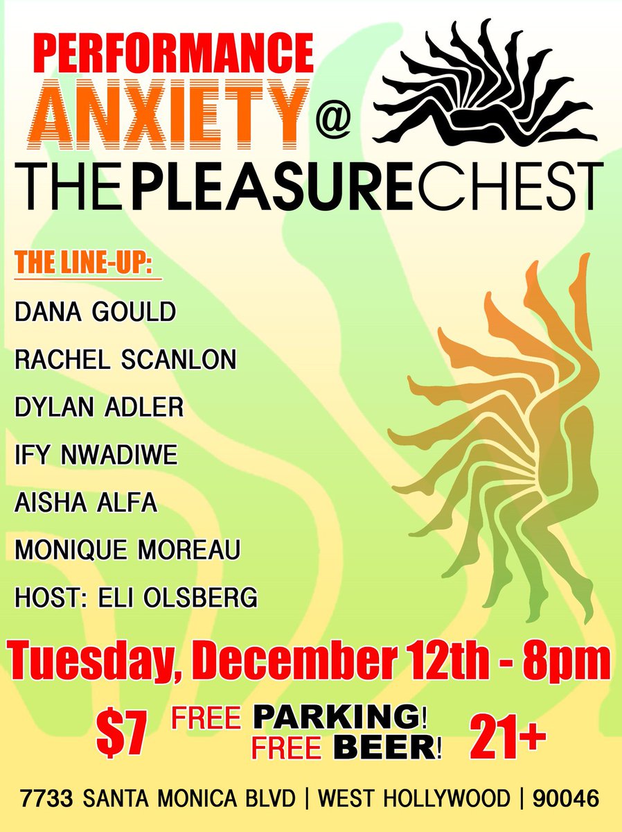 TUESDAY!! Come to @PleasureChestLA 8pm to see Dana Gould, @RachelSafety, @DylanAdler6, @IfyNwadiwe, @aishaalfa, @bigbadbutt, @EliOlsberg free beer, free parking, and 15% off any in-store purchases!! Tix here: thepleasurechest.com/performance-an…