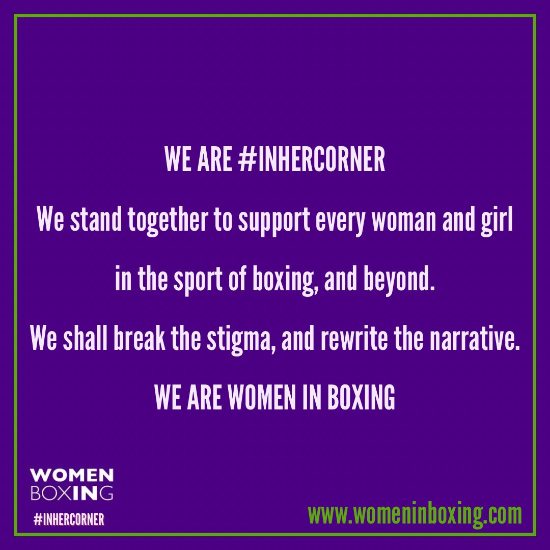 WE ARE #INHERCORNER

We stand together to support every woman and girl in the sport of boxing, and beyond.

We shall break the stigma, and rewrite the narrative.

WE ARE WOMEN IN BOXING

#womeninboxing #womensupportingwomen #StrongerTogether