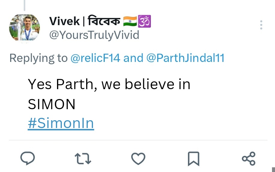 relicF14's tweet photo. @YoursTrulyVivid @ParthJindal11 Glad we are in the same page 😊
#SimonIn https://t.co/CdGpcslJLK