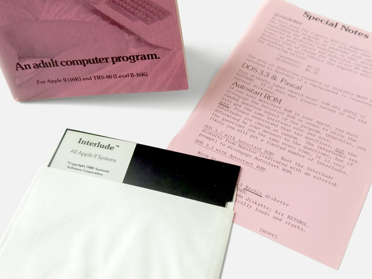 ErnstKrogtoft's tweet photo. Interlude, turn your love life into exciting, adventurous, delicious fun! 1980-style
https://t.co/IUp3GtH43Z
Supposedly the first adult-oriented program for home computers...
#Interlude #Syntonic #AppleII #trs80 #retrogames https://t.co/HGx71f0eCP