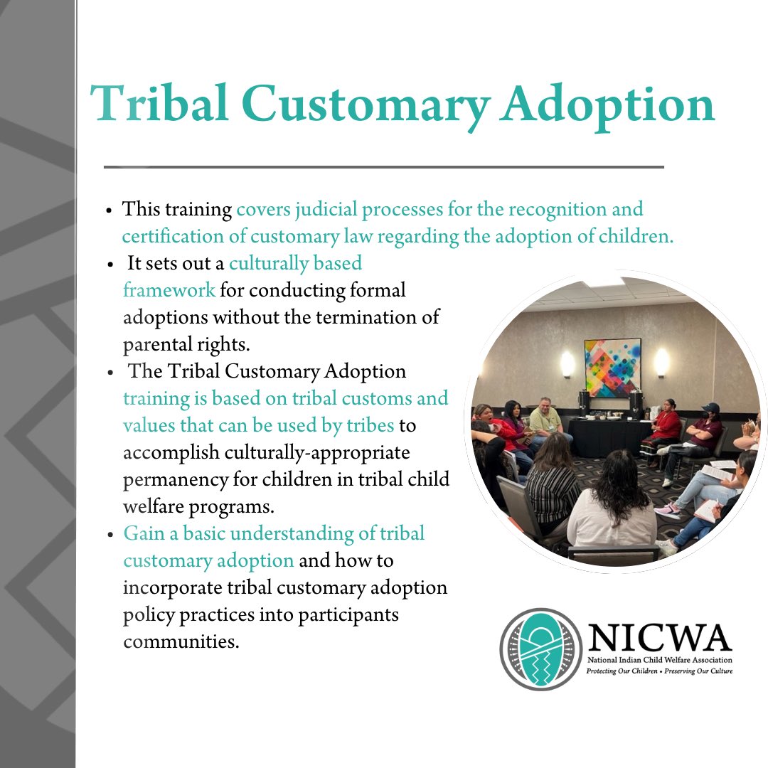 NICWA Training Institute is coming to Albuquerque on January 9-11, 2024.

Don’t miss your chance to join us for Positive Indian Parenting, Understanding ICWA, and Tribal Customary Adoption!

The early bird deadline is December 10th, register today! cvent.me/Mnr1Bb?RefId=S…