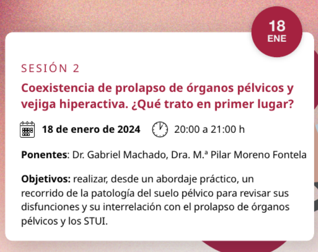 ResidentesAEU's tweet photo. En 2 semanas el Dr Machado y la Dra Moreno hablarán de suelo pélvico en el webinar de #FrontUrology sobre prolapso de órganos pélvicos y vejiga hiperactiva. ¡Apúntalo en tu agenda! 18/1/2024 20:00 https://t.co/kBQVPQmHHQ