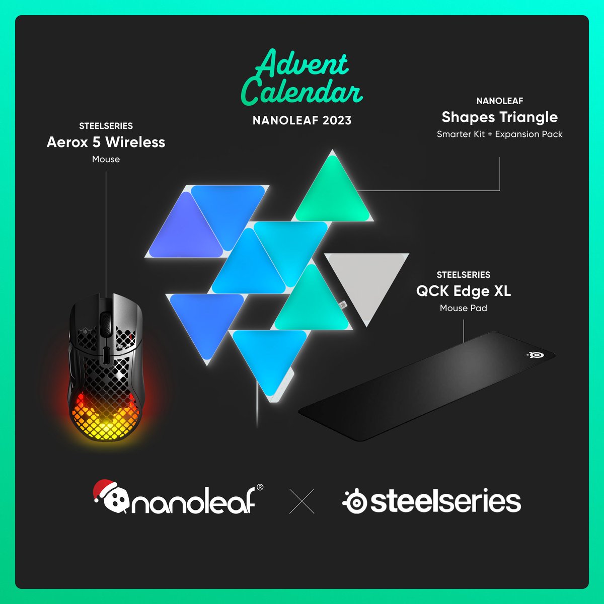 nanoleaf's tweet photo. #GIVEAWAY🎁🎄
Nanoleaf's Advent Calendar
#HolidayGiveaways!

🏆DAY 3:
-Shapes Triangles Smarter Kit + Expansion Pack
-Aerox 5 Wireless + QCK Edge XL

✅To Enter:
1. Follow @nanoleaf &amp; @SteelSeries 
2. LIKE + RT
3. Tag 2 of your closest friends!

Ends Dec 10 Midnight https://t.co/VWPogntuCz