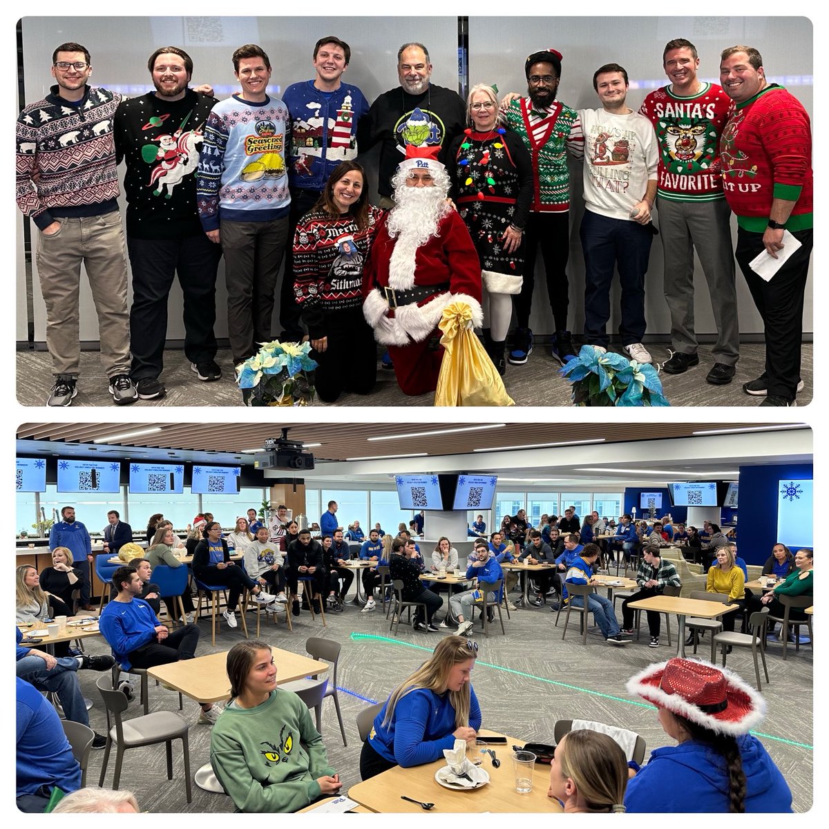 Love this Tradition!  Ugly sweater competition with ⁦<a href="/Pitt_ATHLETICS/">Pitt Panthers</a>⁩!This crew is competitive! #H2P