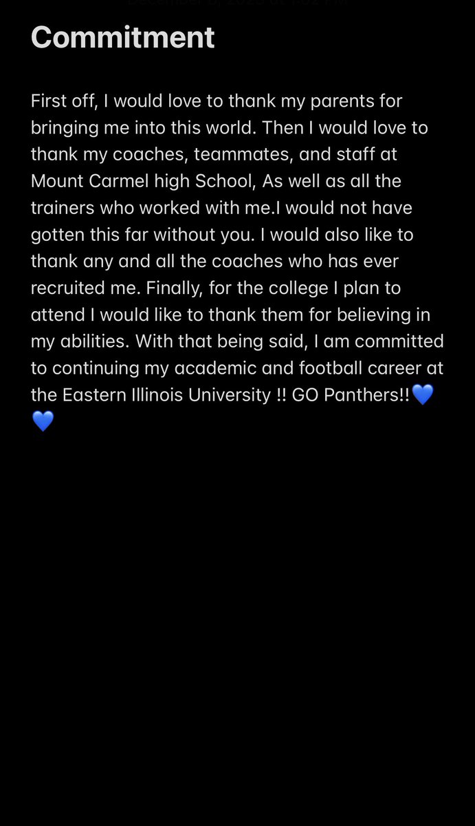 COMMITTED! 🔵⚪️ #GoPanthers #GoBlue @EIUFootball @CoachJoeDavis @CoachCannova63 @FB_Coach_Wilk @Jordanlynch06 @CaravanFootball