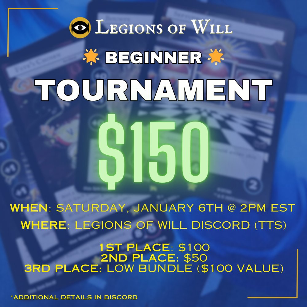 LegionsofWill's tweet photo. $150 beginner tournament on Saturday, 01/06/24

More info in Discord: https://t.co/uXZRmFdTEr

 #indietcg #tcgtournament #tabletopsimulator https://t.co/FA3MXuAuXv