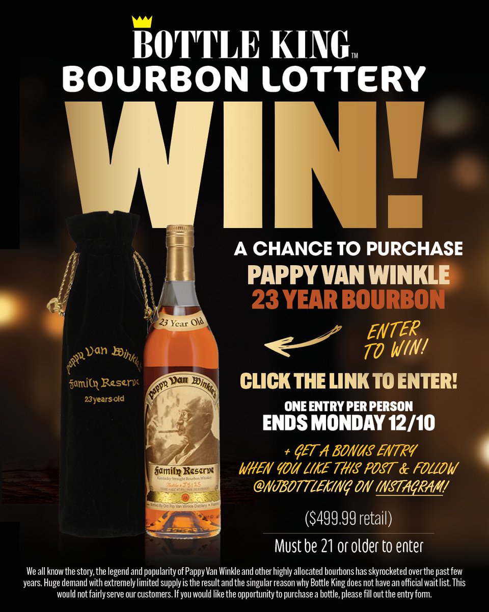 Last few days to enter our 2023 BK Bourbon Lottery!🥃🥃🥃ENDS MON, DEC 10!

PAPPY VAN WINKLE'S FAMILY RESERVE - 23 YEAR OLD BOURBON

For an opportunity to purchase a bottle of PAPPY 23 YEAR BOURBON, please click the link to enter!

lp.constantcontactpages.com/sv/f6MNujD/PAP…

($499.99 retail)
21+