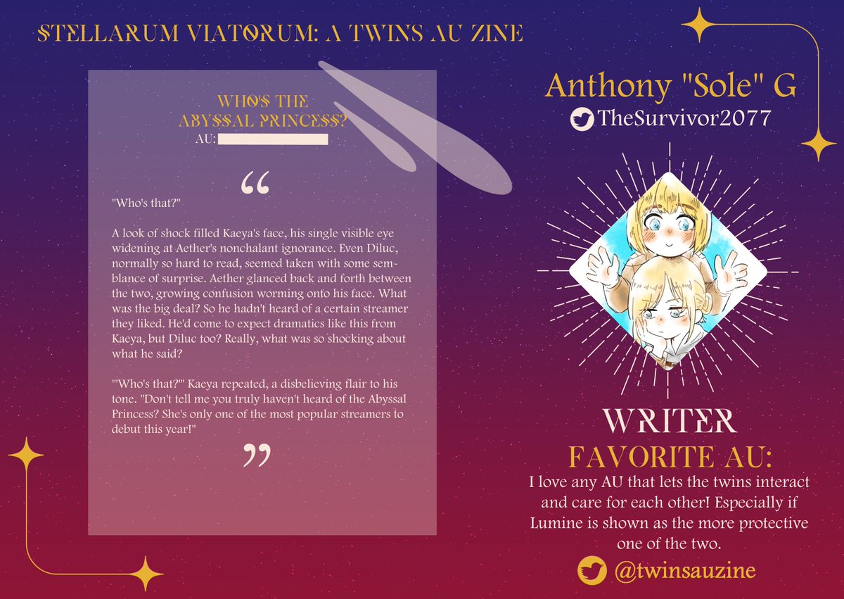 TheSurvivor2077's tweet photo. I wrote a short story for @twinsauzine! Check them out if you're interested! Zine is launching soon
#StellarumViatorum #SVSpotlights #SVPreviews #SVWriter https://t.co/3oTI5ngi8G