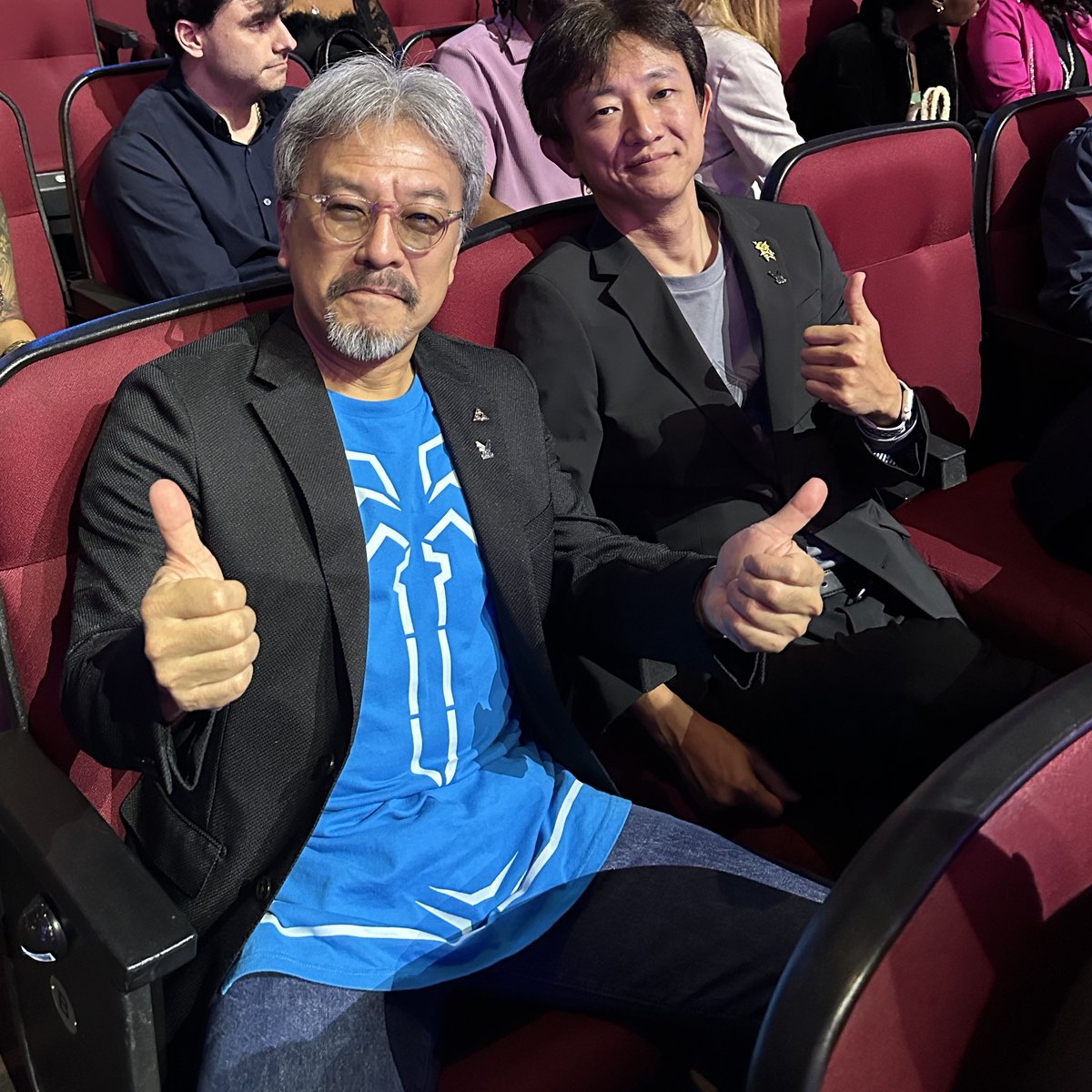 NintendoAmerica's tweet photo. The Legend of #Zelda: #TearsOfTheKingdom Producer Eiji Aonuma &amp; Director Hidemaro Fujibayashi had a great time at #TheGameAwards!

They are honored to receive The Best Action/Adventure Game award &amp; send their thanks to all the fans who have enjoyed &amp; are still enjoying the game! https://t.co/DGicmEQy3G
