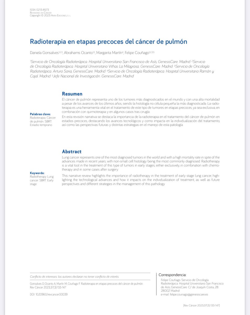 • Os invito a leer el capítulo que hemos escrito sobre “Radioterapia en etapas precoces del cáncer de pulmón” para Revisiones en Cáncer 🔥 revistarevisionesencancer.com • Me ha encantado trabajar con mis colegas : Daniela Gonsalves , Abrahams Ocanto y Margarita Martín ☺️