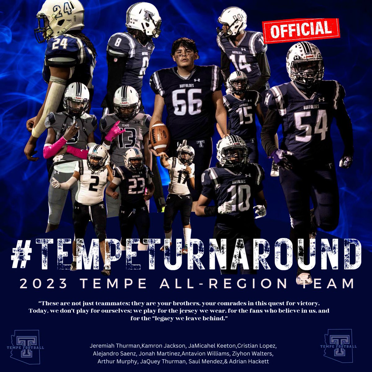Coach_FreemanCC's tweet image. An amazing group of young men. Congratulations to the Tempe High All Region Team: @Kamron18Jackson @JamichaelKeeton @SaulMendez07 @thekidj_54 @ArthurM20215 @JaqueyThurman @AdrianHacket24 Jeremiah Thurman, Alex Saenz, Ziyhon Walters, and Cristian Lopez #tempeturnaround