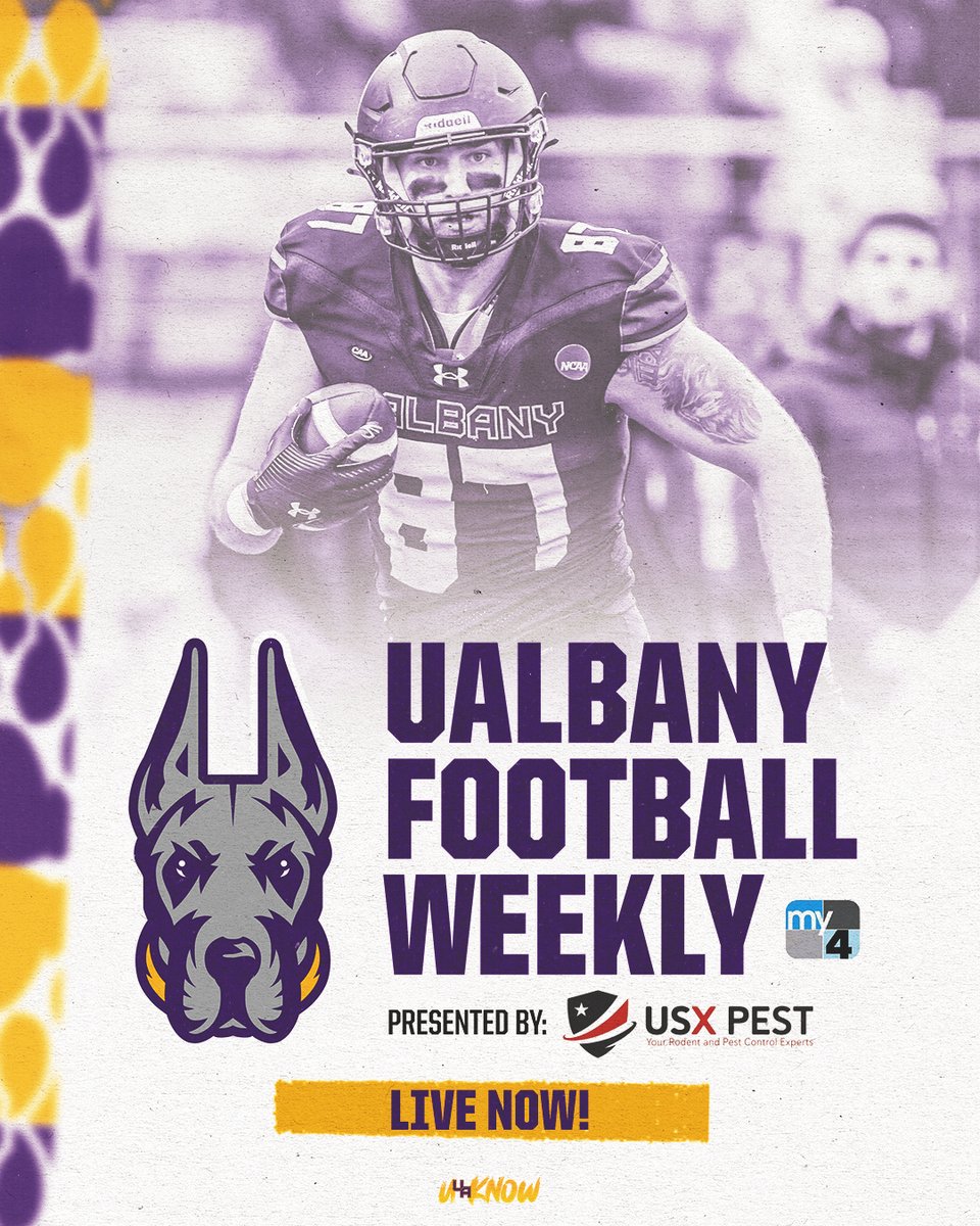 UAlbanyFootball's tweet photo. Gear up for gameday with the latest drop of UAlbany Football Weekly, now live on our website 📺🏈

https://t.co/tZ9mAxUxwQ

#UAUKNOW #WinTheDay 🟪🟨 https://t.co/WcHEwFOcAc