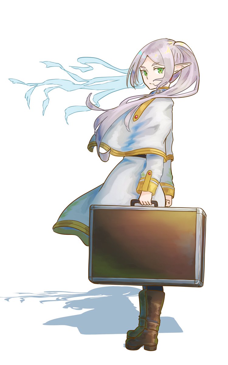 frieren 1girl green eyes pointy ears solo long hair white background boots  illustration images