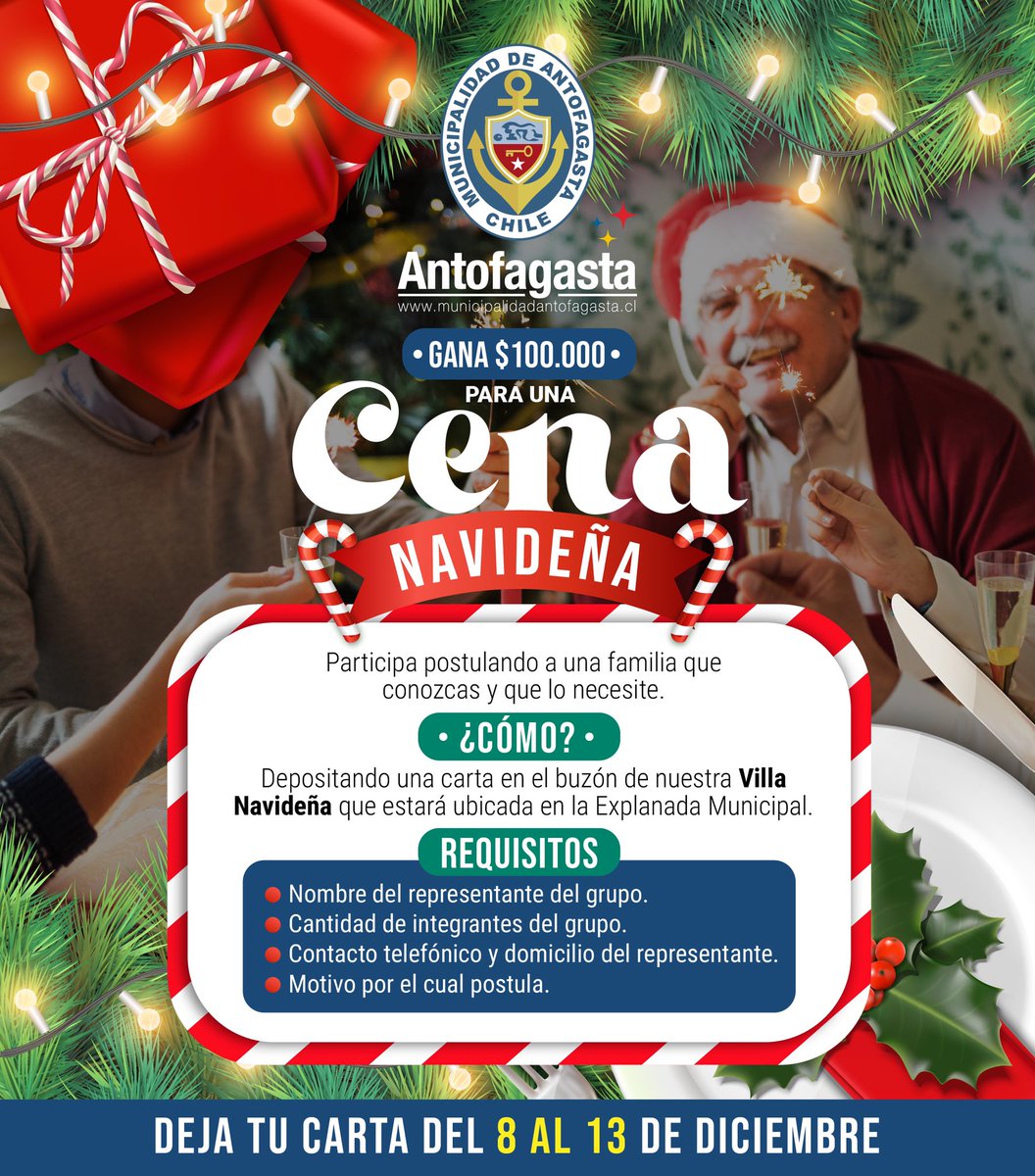 #CenaNavideña Hasta el miércoles 13 de diciembre, estaremos recibiendo las cartitas en nuestro buzón ubicado en la Explanada Municipal ✉️📮✨

#Antofagasta