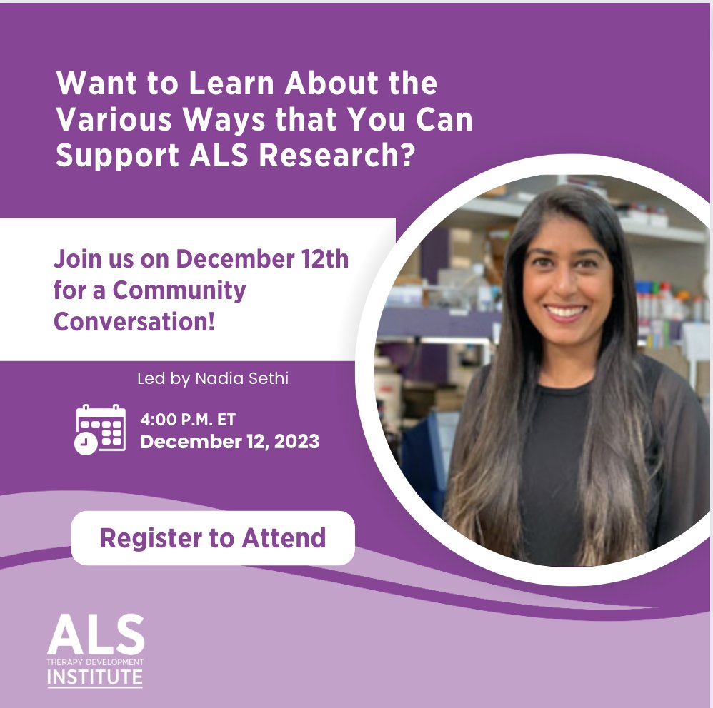 Due to popular demand from our community, we're excited to host a special edition of Community Conversations in December. Join us as we discuss the various ways that the ALS community can actively contribute to advancing research! als.net/als-tdi-commun…