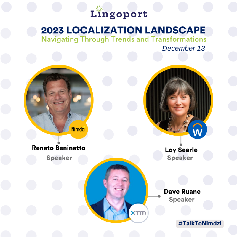 Nimdzi_Insights's tweet photo. Don't miss out on @Lingoport's 2023 Localization Landscape webinar on December 13!
Our founder, @renatobeninatto, and experts, Loy Searle (@Workday) and Dave Ruane (@xtmintl), will discuss Language Tech vs. Language Services and more.
#ai #NimdziAtEvents #localization