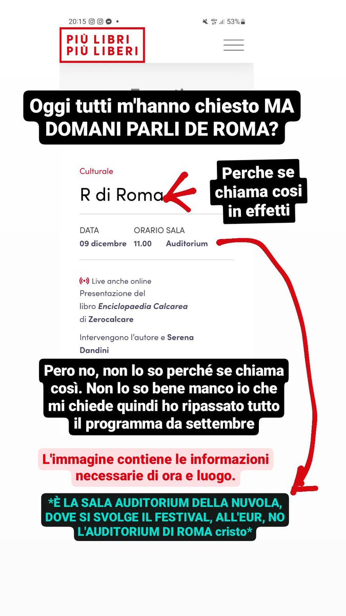 Domani alle 11 a @piulibri23  faccio questa cosa con Serena Dandini in sala Auditorium della Nuvola. 
Al terzo che me chiede se è l'auditorium di roma al villaggio olimpico ritengo opportuno chiarire che non lo è. È la sala auditorium della Nuvola all'Eur.
So giornate lunghe eh