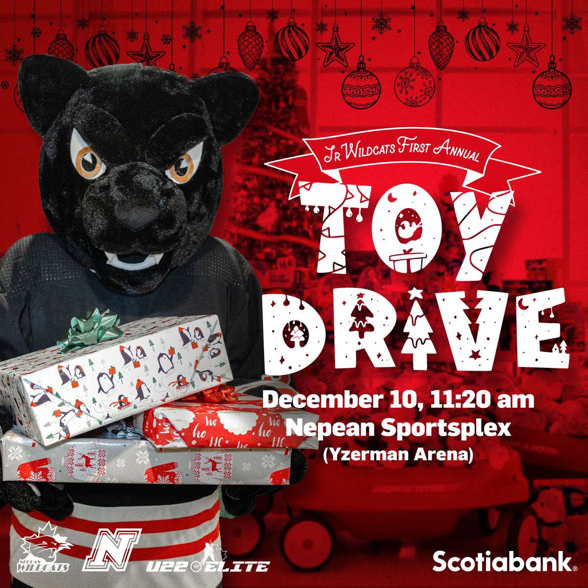 Join us this Sun for our 1st ever Toy Drive! 
We'll be collecting new, unwrapped toys, gifts for teens, tweens, &amp; babies, as well cash donations.
Drive kicks off at our last game of '23, Dec. 10 @ 11:20 vs North York. 
We look forward to sharing the spirit of giving with you!!