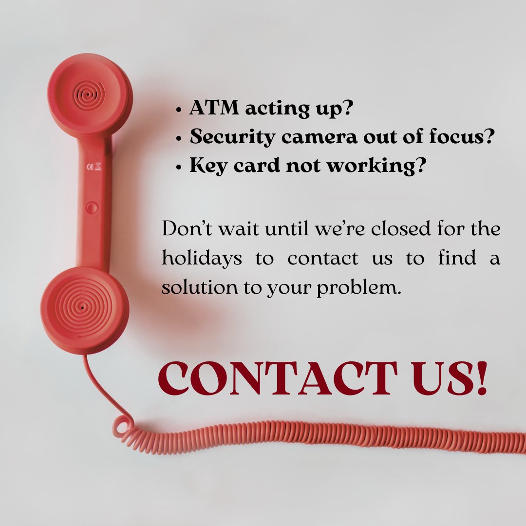 ATM acting up?
Security camera out of focus?
Key card not working?

Don’t wait until we’re closed for the holidays to contact us to find a solution to your problem.

Contact us at (720) 235-5405 ext. 102 today!

#atmservice #SecuritySolutions #securitycamerainstallation