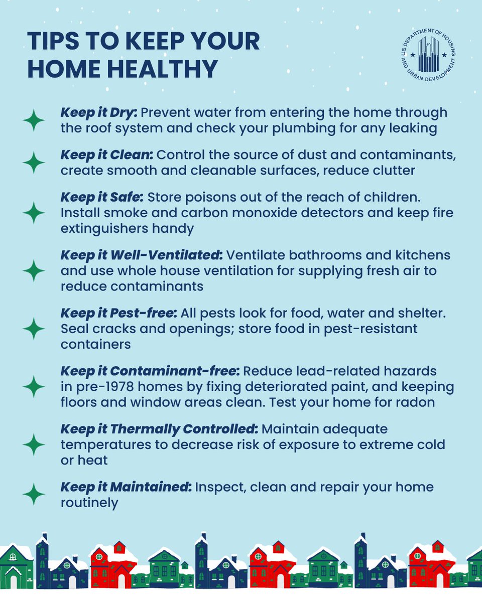 Department of Housing and Urban Development (@hudgov) on Twitter photo Helping ensure homes are healthy and free from hazards is key to our mission, and we work hard daily to make homes healthier and safer.
Here are some principles to keep in mind that can help keep your #HomefortheHoliday safe for you and your family. Helping ensure homes are healthy and free from hazards is key to our mission, and we work hard daily to make homes healthier and safer.
Here are some principles to keep in mind that can help keep your #HomefortheHoliday safe for you and your family.