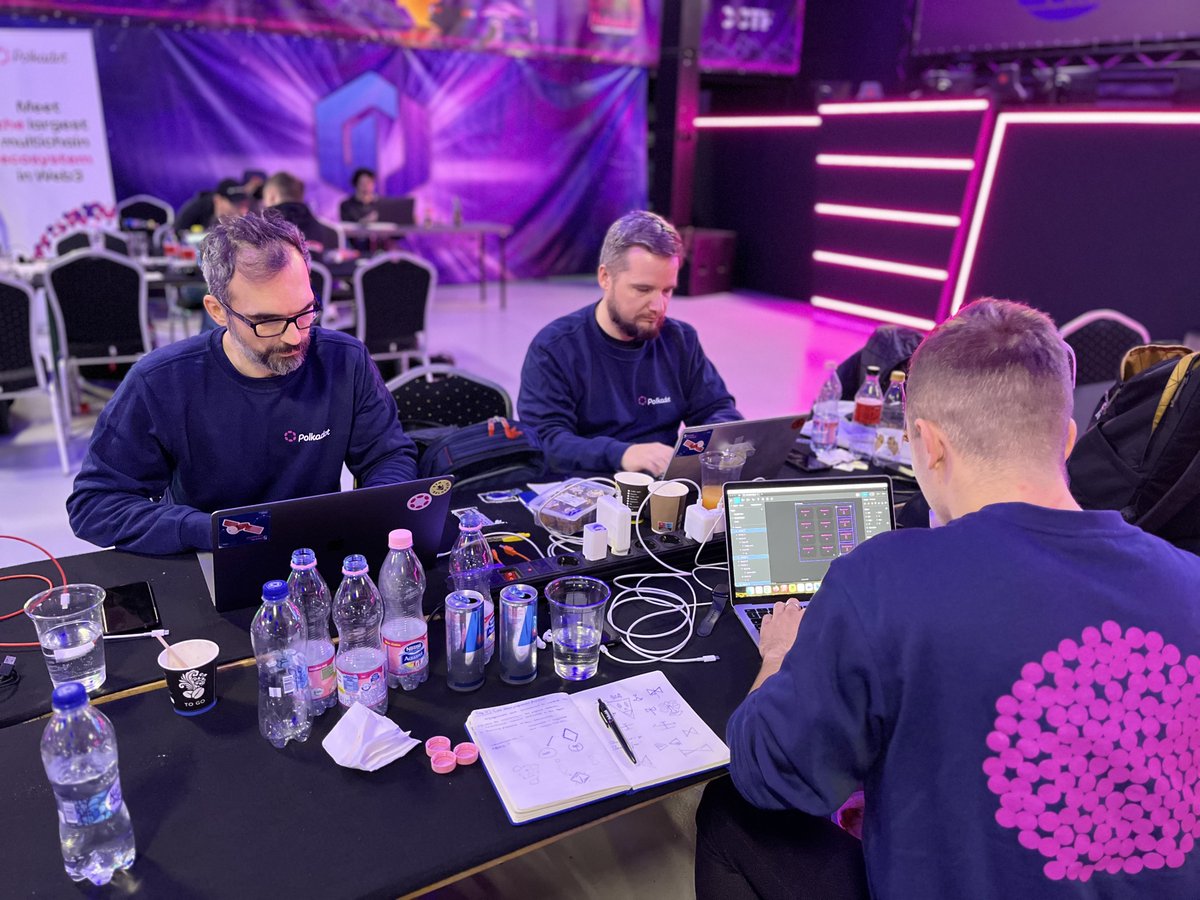 PolkadotChamps's tweet photo. Familiar faces, new and old, struggling with the code at Polkadot Championship Hackathon in Budapest 2023. 🧑🏽‍💻👾🧑🏼‍💻👾🧑🏼‍💻

Team Novanet during the 24hours of hacking with @Rewonka2, @trimane9808 &amp; Rivara, a close-knit team, with extensive experience in decentralised technologies.🤞 https://t.co/BauvEG6byR