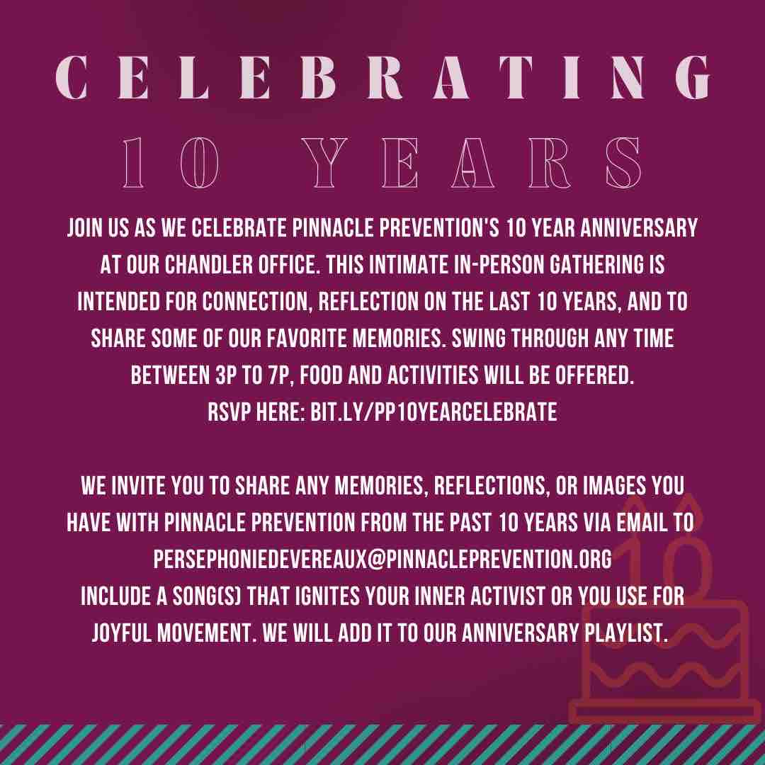PinnaclePrevent's tweet image. Party like it’s your favorite decade - with us! Pinnacle prevention is turning 10! 🥳
Join us on Thursday, January 11th anytime between 3pm and 7pm for some laughter, food, activities, and reflections. Decades theme clothing welcome. 🕺🏿🪩