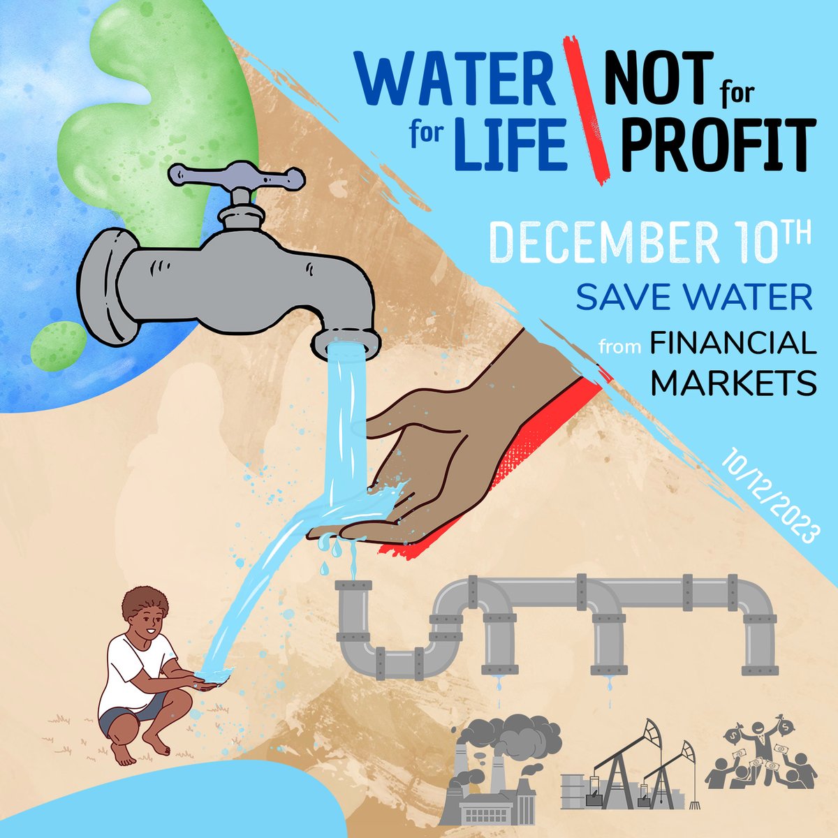 2e journée de la campagne #WaterForLifeNotForProfit 

La #privatisation des ressources en eau menace l’accès en qualité et en quantité suffisante pour tous. Il s’agit du 2e risque de l’entrée de l’eau à la bourse.
ℹ️: bit.ly/eaupourlavie

#WaterHumanRight #COP28 #WaterForLife