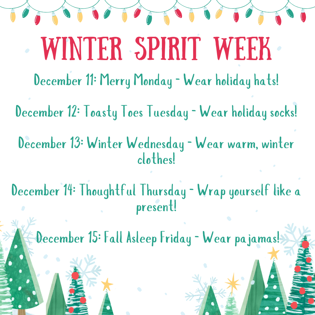 Let's show your holiday spirit. Our student council has provided us with a theme for each day. We can't wait to see it! #thisisRUSD #grizzlygreat