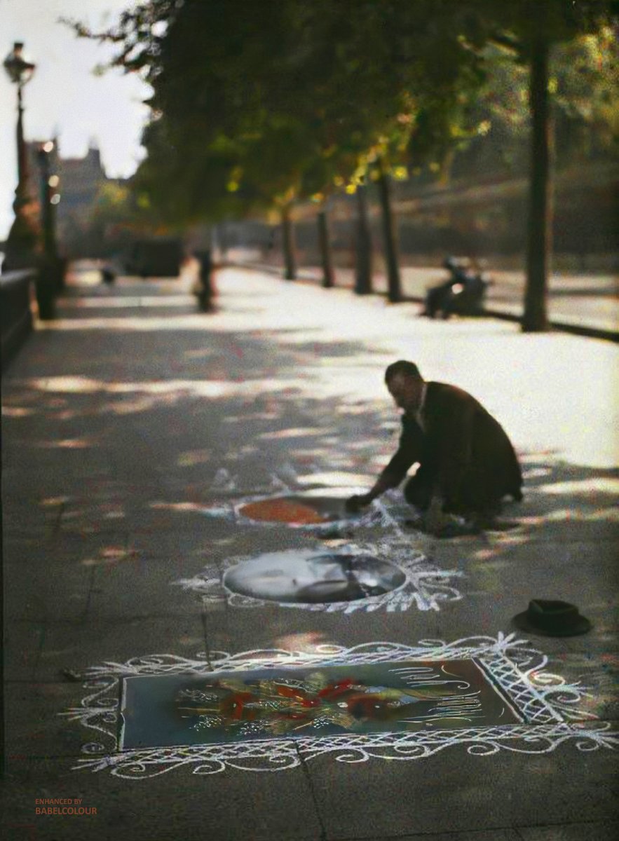 Travel back 99 years to the London of June 1924. I have cleaned & enhanced for you this autochrome by visiting French photographers Roger Dumas & Camille Sauvageot, capturing the work of a pavement chalk artist on the Thames Embankment. It was taken in colour and isn't colourised