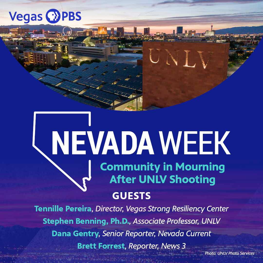 VegasPBS's tweet photo. Tune in for an evening of insight, solidarity, and community strength.

Guests include News 3’s reporter @brettforrest89, Nevada Current’s @DanaGentryLV, Vegas Strong Resiliency Center’s Director Tennille Pereira
and UNLV Assoc. Professor @stephenbenning. #NevadaWeek #UNLVStrong https://t.co/fJdoB14izW
