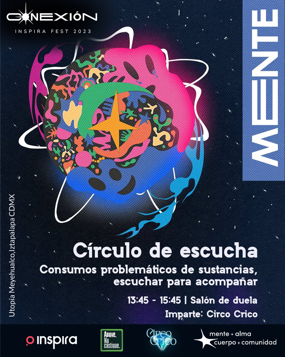 InspiraCambioAC's tweet photo. 📢 ¡Estamos a 2 días del #InspiraFest!
En el núcleo de Mente compartiremos experiencias y saberes en torno a ser consumidorx de sustancias💎 ¡Checa lo que tendremos para ti!
Nos acompañan Tania Martínez, Roberto Arellano, @CircoCrico y #ApoyeNoCastigue https://t.co/fNAImFHome