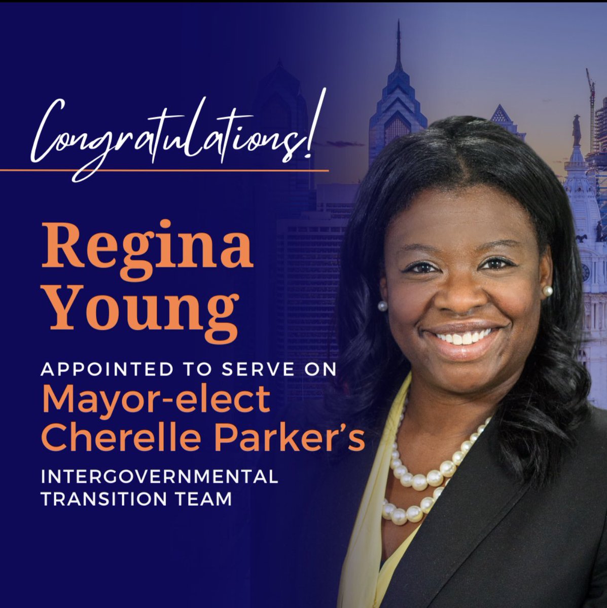 RepReginaYoung's tweet photo. Congratulations to our very own Rep. Young for being appointed to serve on Mayor-Elect Cherelle Parker’s Intergovernmental Transition Team! #teamworkmakesthedreamwork https://t.co/ZAZZSq41nF