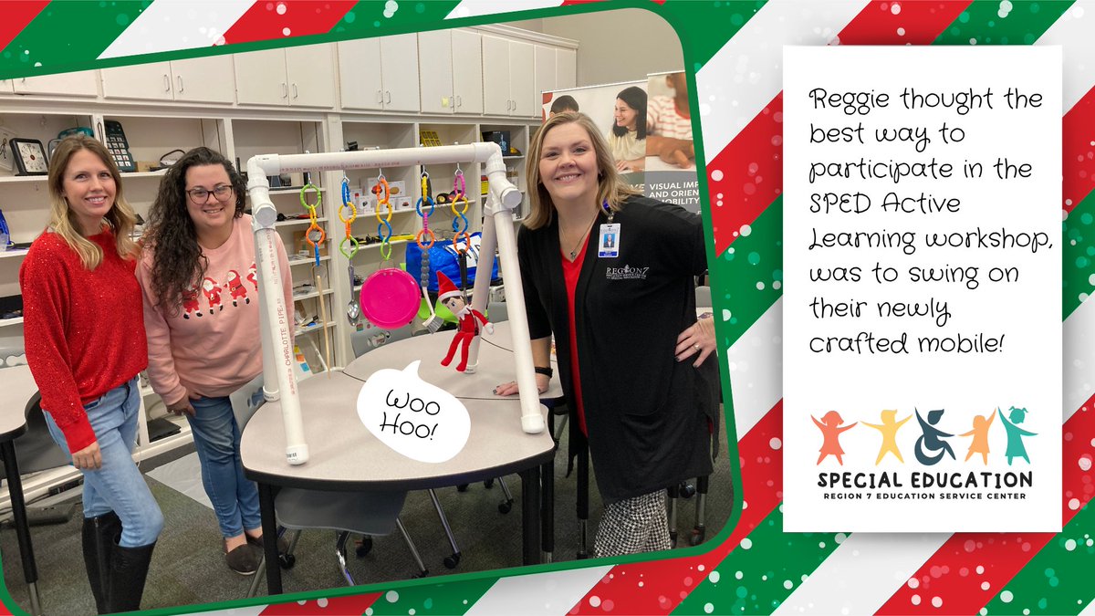 Region7ESC's tweet image. 🎄Reggie was spotted in the Assistive Technology (AT) Lab this week! 🌟Swinging into action at the Special Education Active Learning Workshop. #ReggieAtRegion7 🎅 #ElfFun