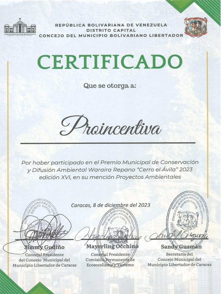 proincentiva's tweet photo. Nuestro certificado del Premio Municipal de Conservación y Difusión Ambiental Waraira Repano "Cerro EL Ávila" 2023, mención Proyectos Ambientales.

Con #GenteProincentiva y nuestra red avanzamos en la consolidación del desarrollo sostenible en #Venezuela 

#ONU  
#UCV  
#LaGuaira https://t.co/B3UkOyb2HB