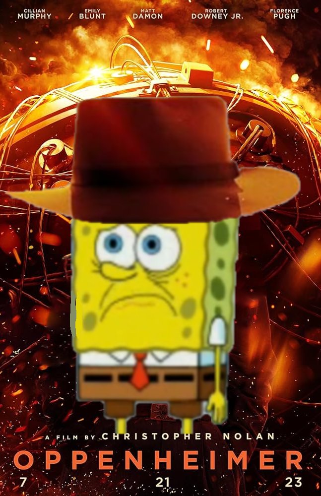 streuer_salz's tweet photo. #Oppenheimer
#Spongebob
#SpongebobSquare
#ChristopherNolan
#CillianMurphy
#TomKenny
#StephenHillenburg
#SantiagoZiesmer
#Filmideas
#Serienideen
#Atombombe
#Wissenschaft
#Filme2023
#Hollywood
#depressions
#fire
#Explosion
#Paramount
#Nickelodeon
#Universal https://t.co/7UBrGQZIve