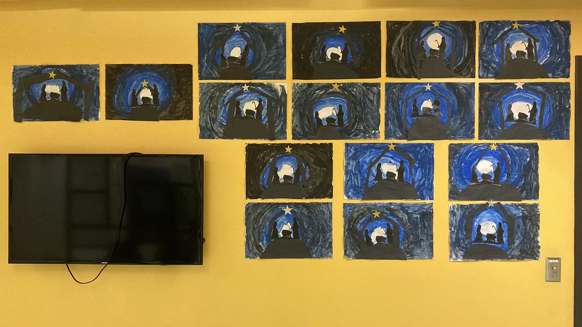 The students added white and black paint to their blue base to create tints and shades in their beautiful nativity art.