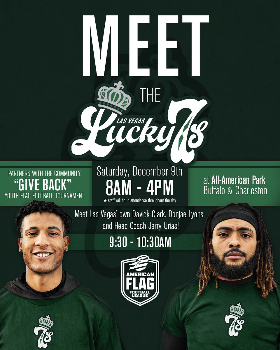 Join the action at All American Park tomorrow, Dec 9th from 8AM-4PM as the Las Vegas Sevens will be in attendance for an action-packed youth flag football tournament! 

Meet Davick Clark, Donjae Lyons, and Head Coach Jerry Urias from 9:30-10:30AM! ✒️ #AFFLSevens #FutureOfFootball