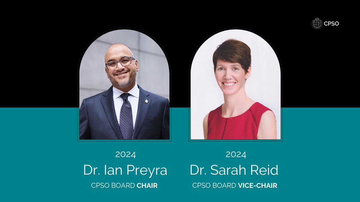 CPSO is pleased to announce Dr. Ian Preyra as #CPSOBoard Chair for 2024, and Dr. Sarah Reid as Board Vice-Chair. Congratulations on your appointments and we look forward to your leadership!