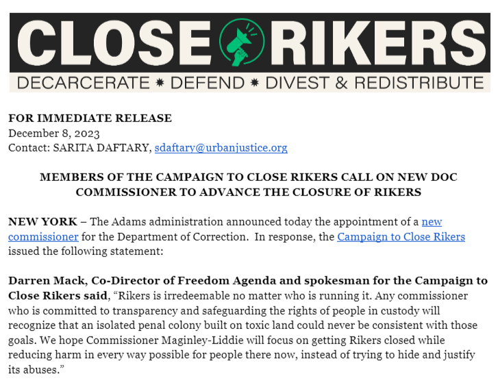 STATEMENT from @iamdarrenmack for the Campaign to #CloseRikers - DOC's new Commissioner must work to #GetRikersClosed