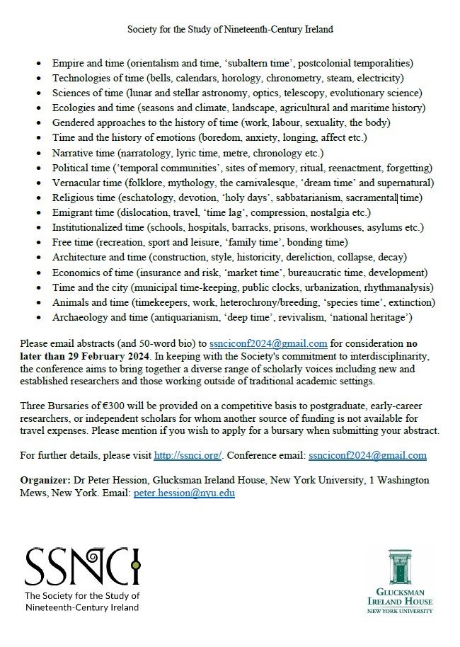 “Time in Nineteenth-Century Ireland” The @SSNCI_tweets 2024 Annual Conference will take place at @GIHNYU in New York from 28-30 June 2024 The deadline for abstracts is 29 February