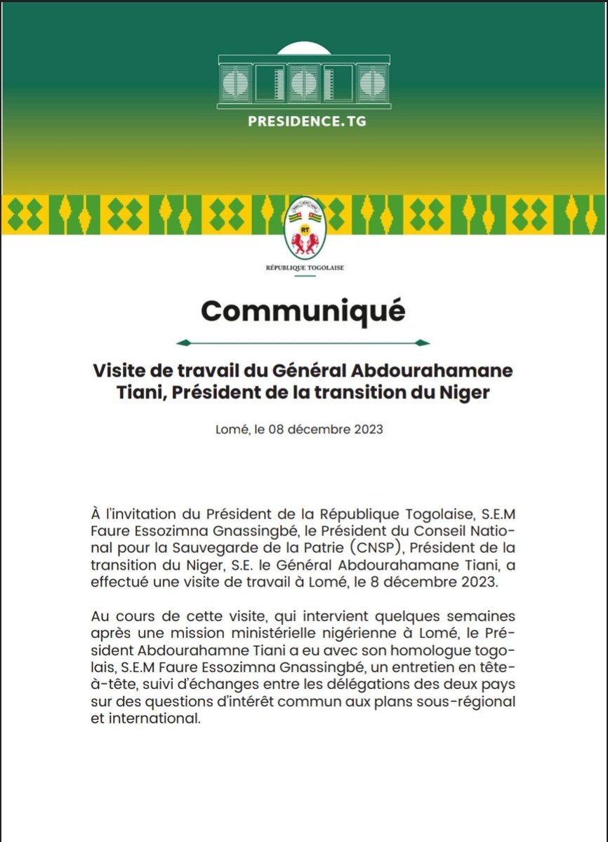 PresidenceTg's tweet photo. À l’invitation du Président de la République Togolaise, S.E.M @FEGnassingbe, le Président du Conseil National pour la Sauvegarde de la Patrie (#CNSP), Président de la transition du Niger, S.E. le Général Abdourahamane Tiani, a effectué une visite de travail à Lomé, le 8 décembre 2023.

Les détails dans le communiqué ci-dessous. ⬇️
