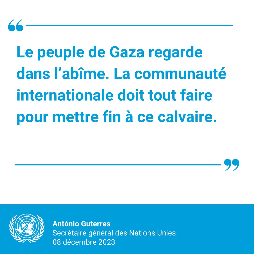 Le droit international humanitaire ne peut être appliqué de manière sélective. Il s'impose à toutes les parties de la même manière à tout moment & l'obligation de l'observer ne dépend pas de la réciprocité. @antonioguterres devant le Conseil de sécurité. news.un.org/fr/story/2023/…