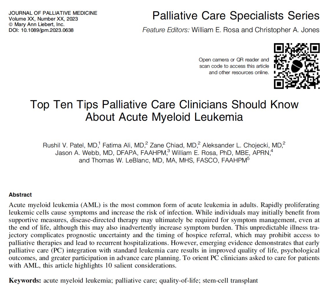 🚨Check out the next #PalliativeCare specialists series in @PalliativeMed_j➡️Top 10 tips #hapc clinicians should know about #AML led by @uabmedicine's Dr. Rushil Patel🔗: liebertpub.com/doi/10.1089/jp… 📢FYI: @OncoAlert @ASCO @oncologynursing @APOSHQ @AAHPM @HPNAinfo @AmericanCancer