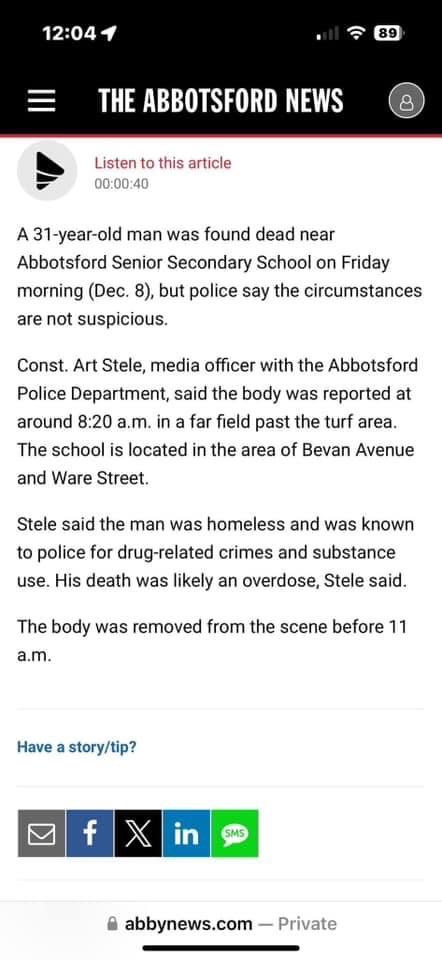 ECommBC's tweet image. ⁦@BruceBanman⁩ Students found the body in their school field #abbotsford ⁦@Dave_Eby⁩ ⁦@adriandix⁩ #MentalHealth #HomelessBC